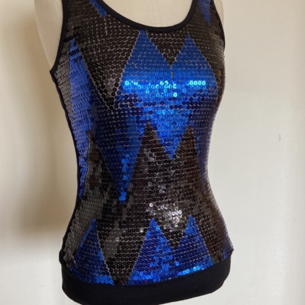 Body Central mesh sequined racer back zigzag geometric blue and black tank top S